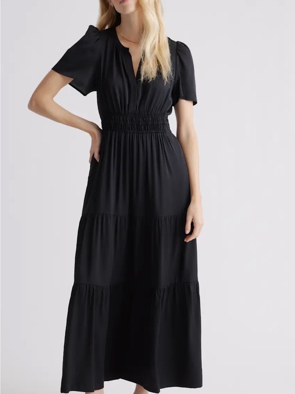 Quince Black washable silk Smocked-Waist Tiered Maxi Dress , XL BLACK, NWT
